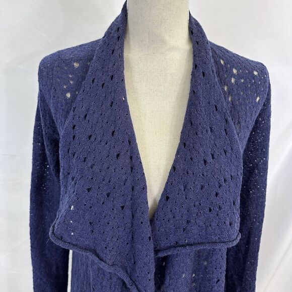 $328 Eileen Fisher 100% Merino Wool Waterfall Cardigan Open Knit Navy Blue PP - Picture 2 of 7